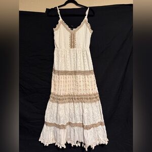 White and Tan Eyelet Maxi Dress with Crochet Trim